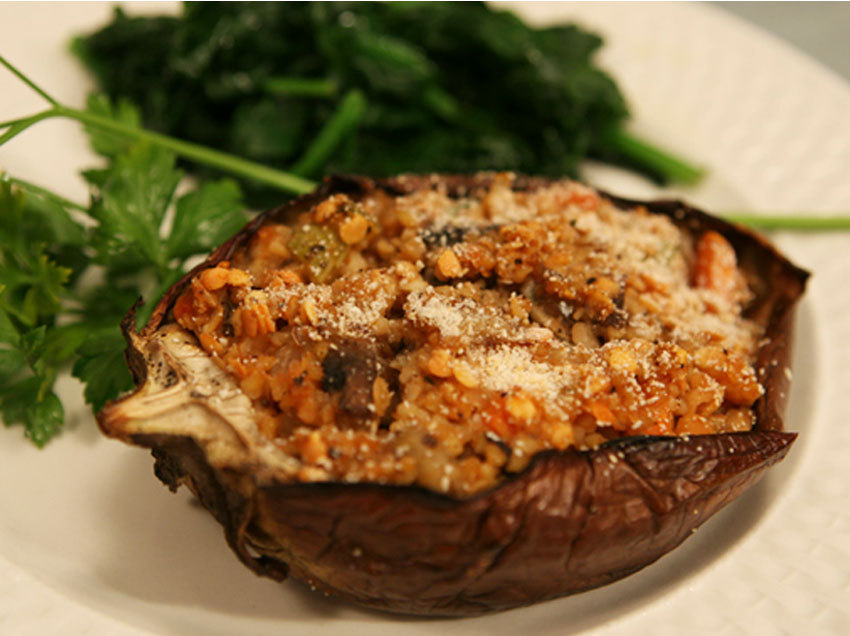 Roasted Eggplant with Lentils and Bulgur